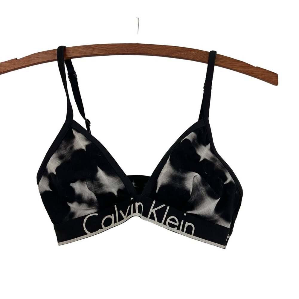 Calvin Klein Black Gray Tie Dye Logo Spell Out Triangle Bralette Size Small